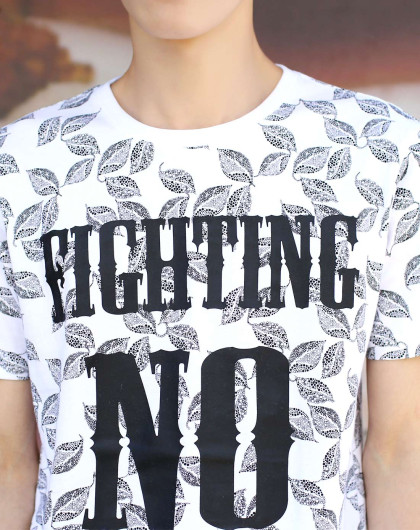 白色潮流创意叶纹印花短袖t恤