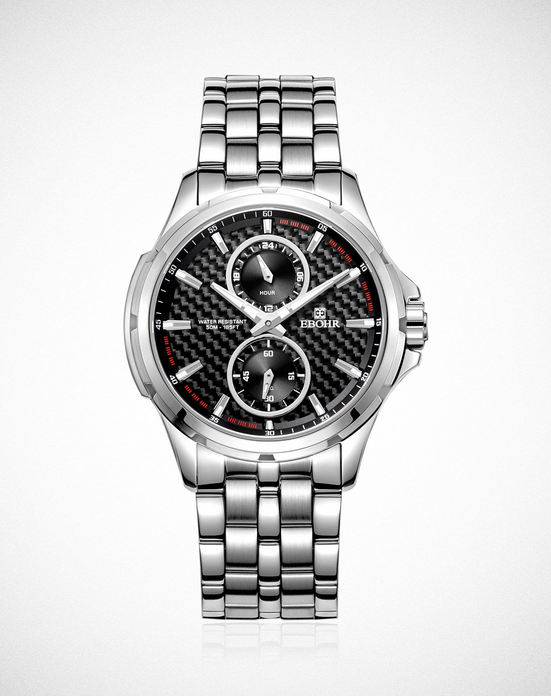 依波ebohr手表专场 依波【专柜新品】炫酷动感碳纤维黑面实心钢带石英