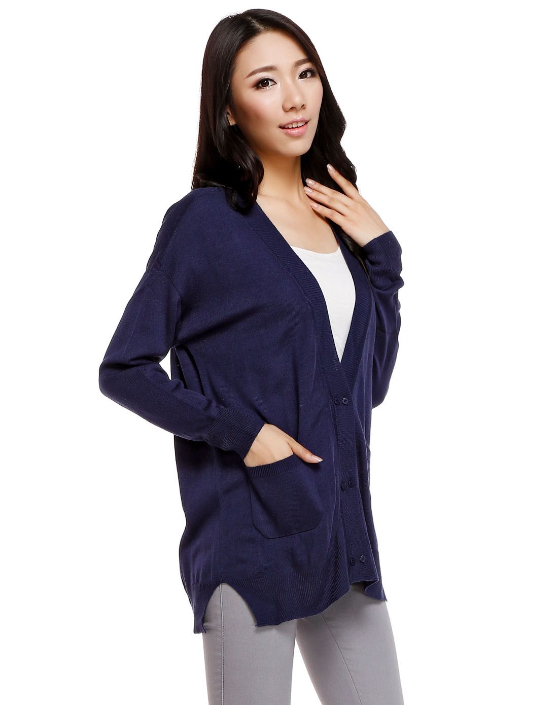 藏青色成熟百搭开襟长袖针织衫