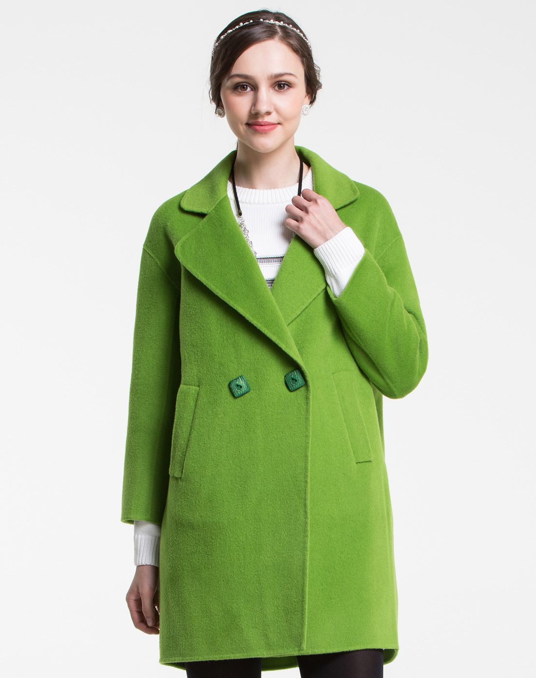 绿色优雅气质百搭双面呢大衣