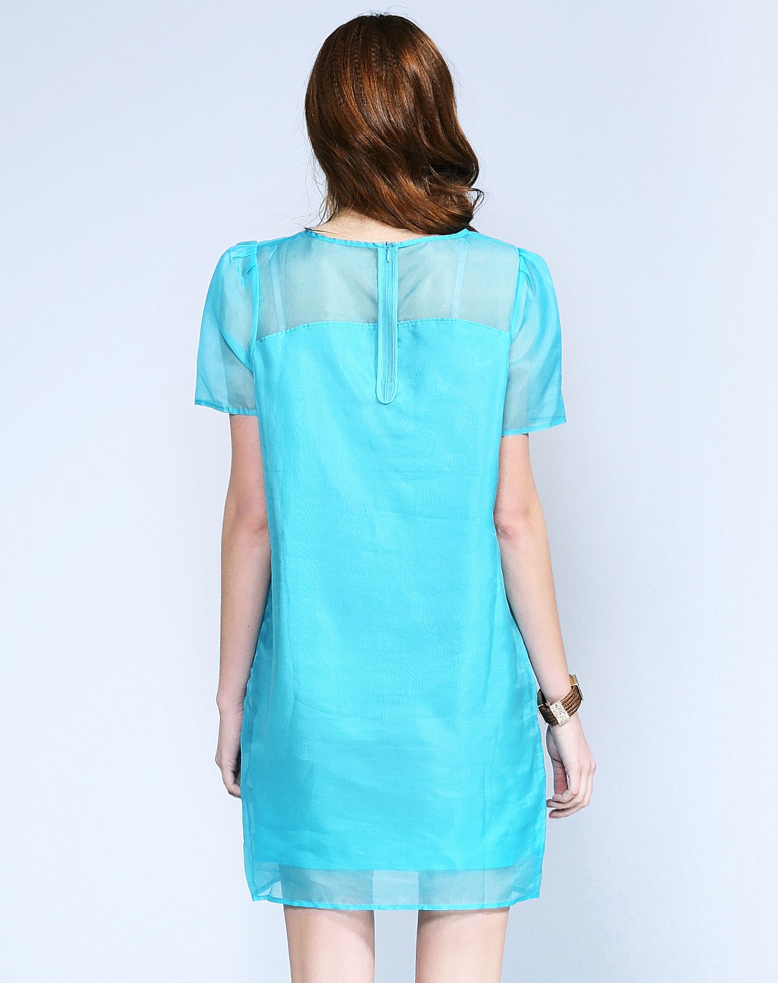 孔雀绿优雅简约短袖连衣裙