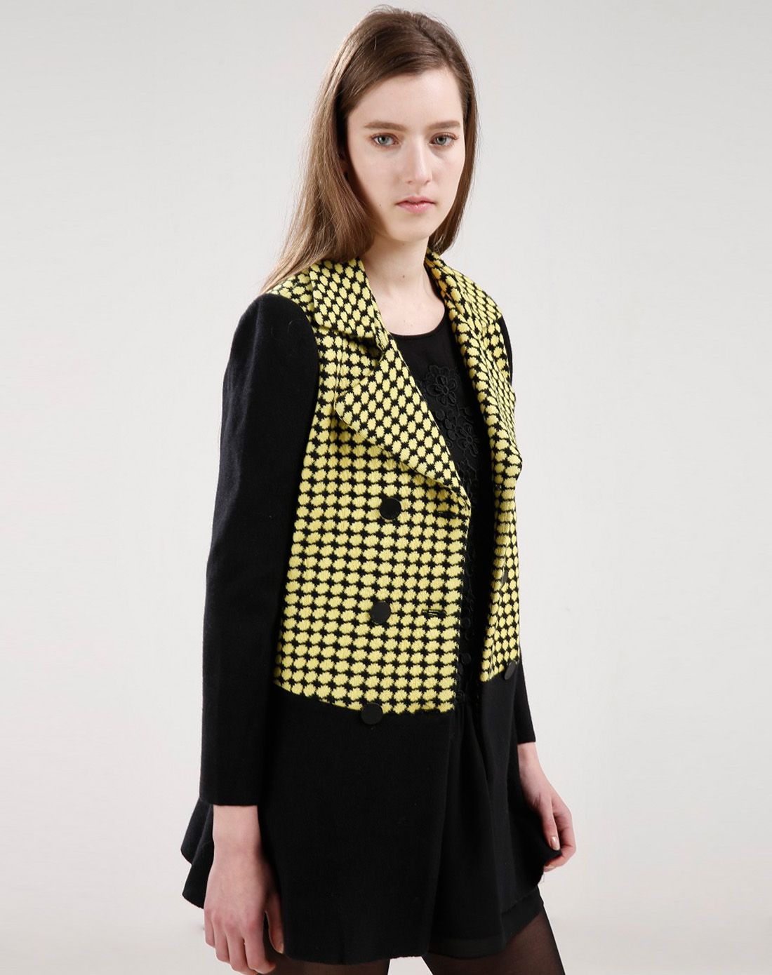 黄黑格复古大牌格子拼接双排扣毛呢大衣