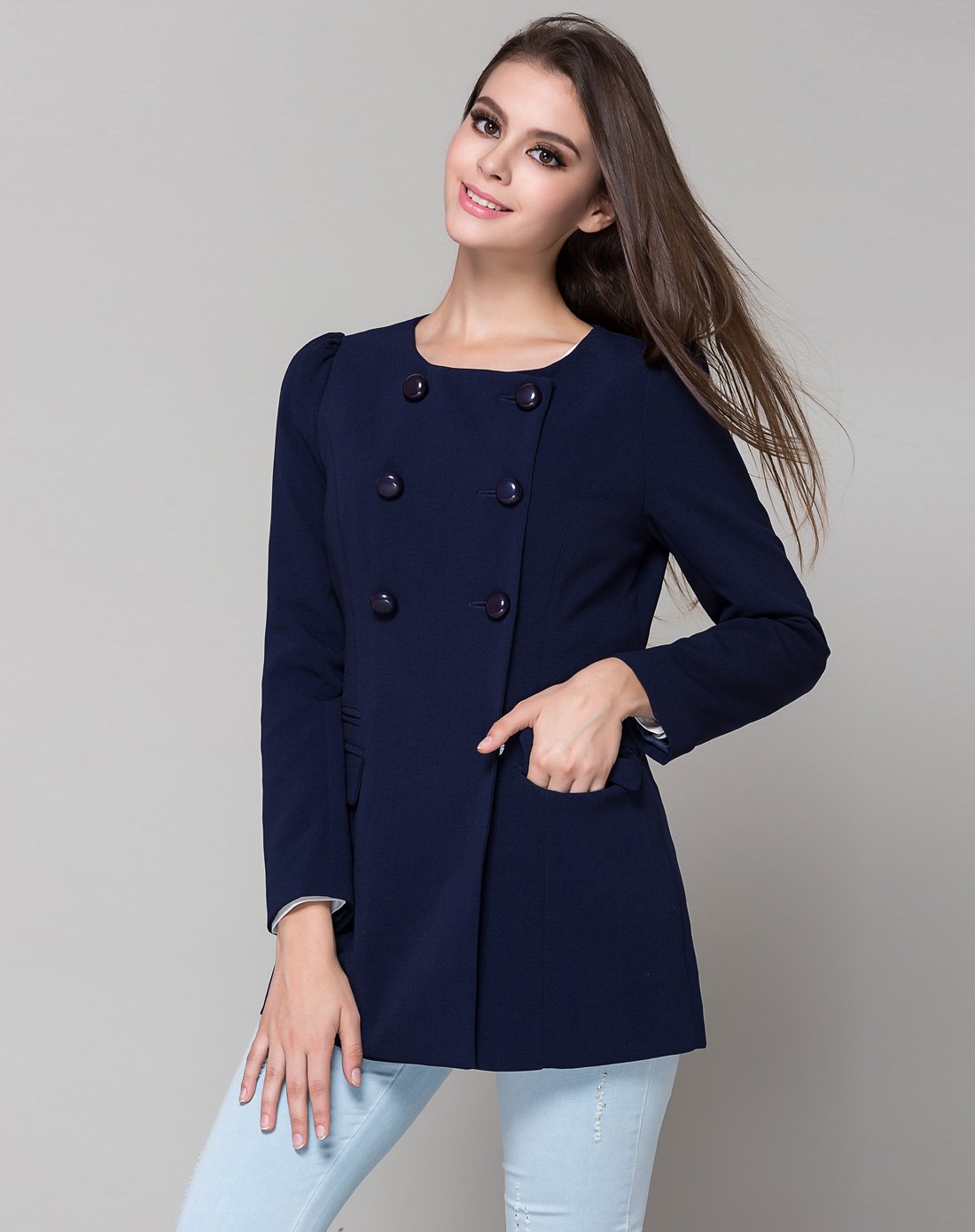 墨蓝双排扣无领风衣