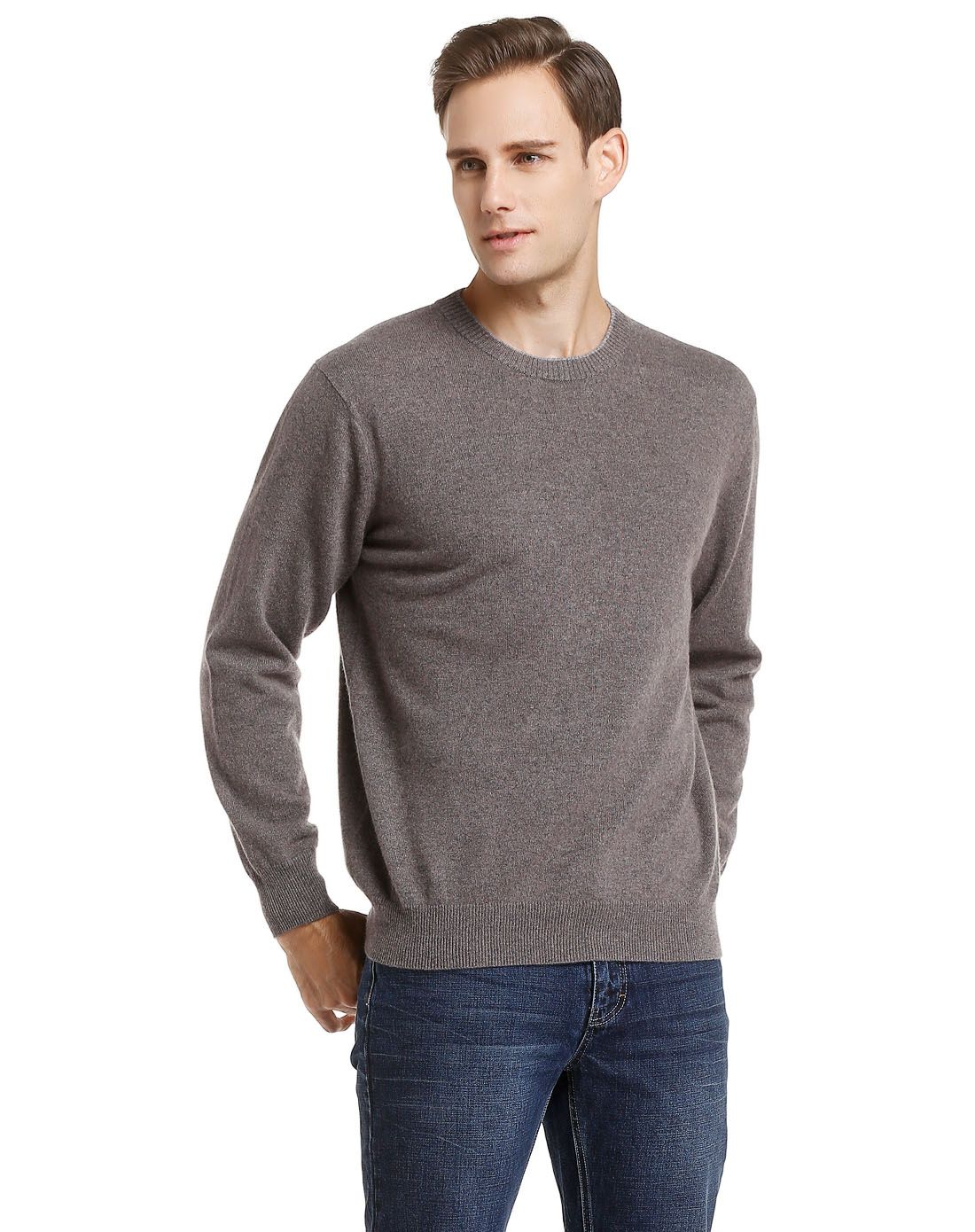 男款灰棕色柔软圆领长袖山羊绒衫