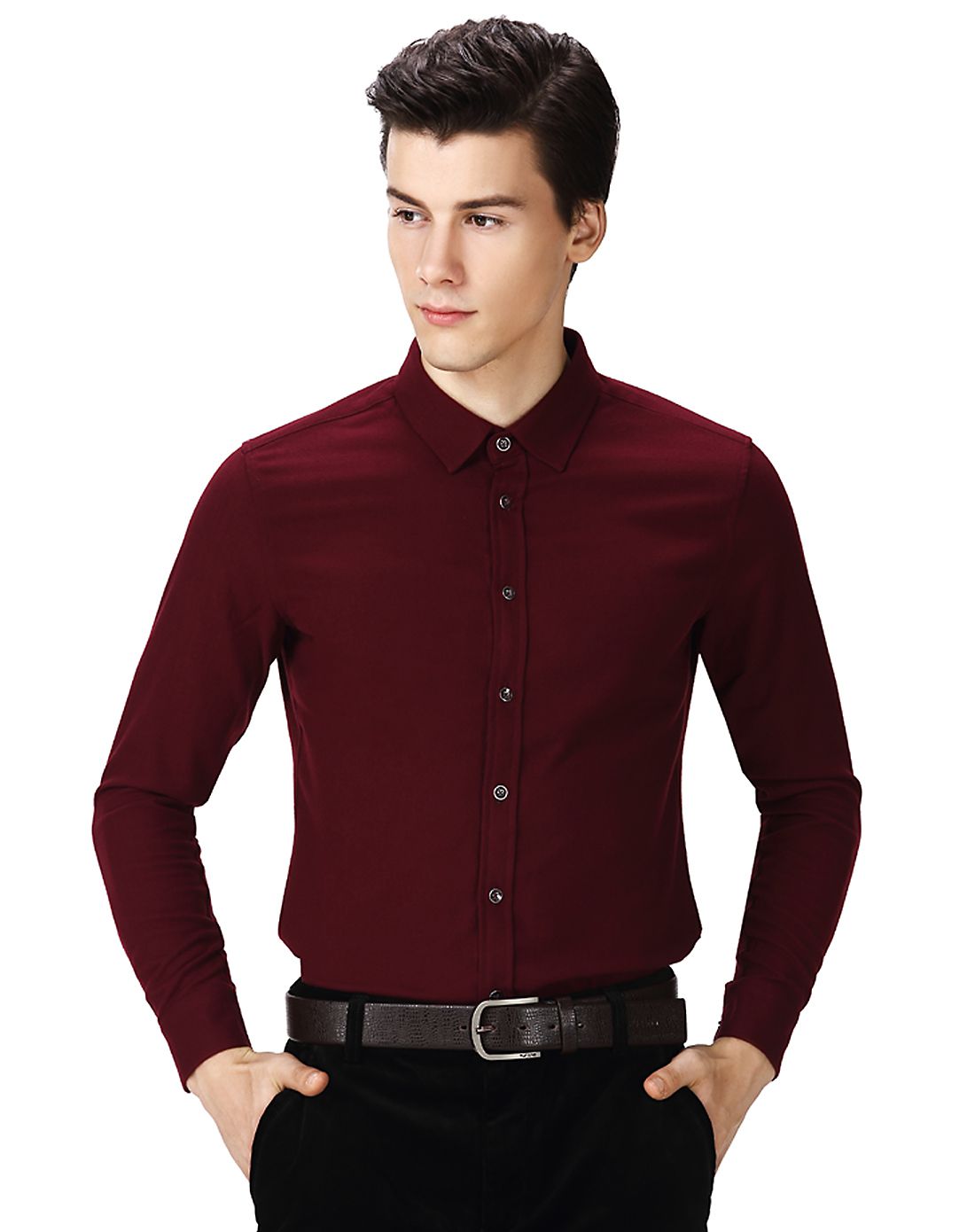 酒红色简约长袖衬衫