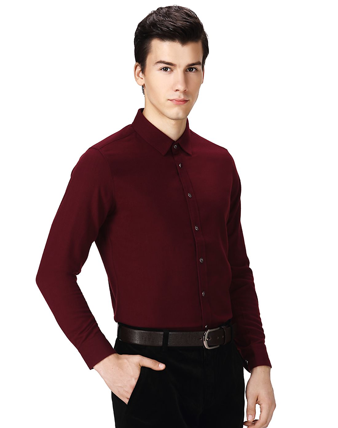 酒红色简约长袖衬衫