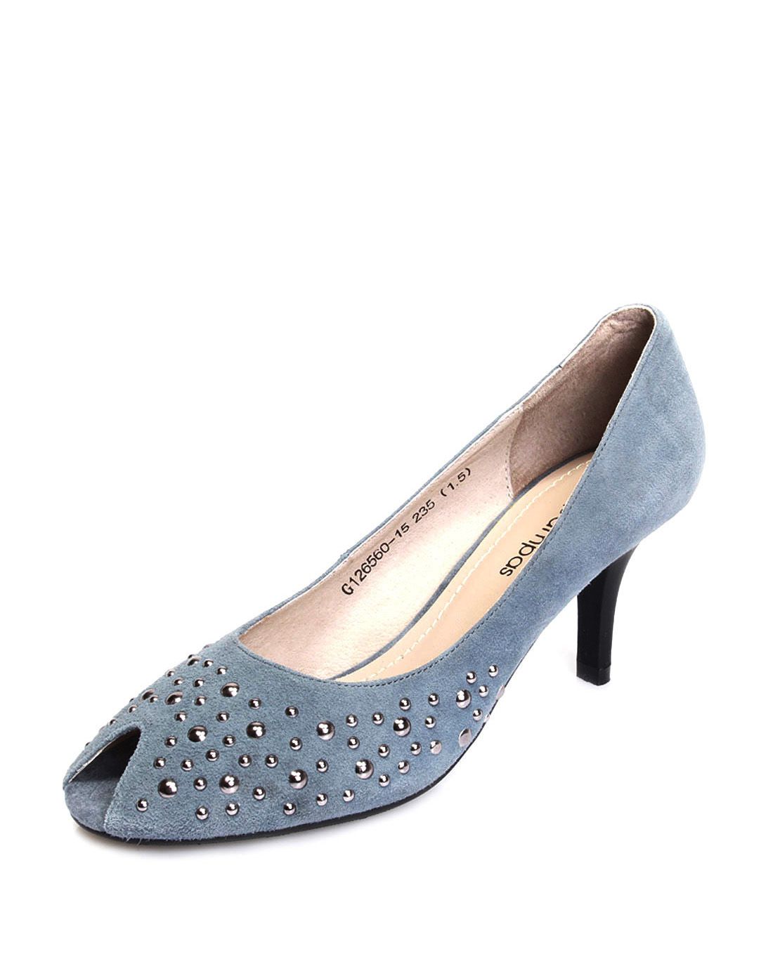 莱斯佩斯&igi&co混合专柜同款 灰色磨砂牛皮铆钉细高跟鱼嘴单鞋g1265