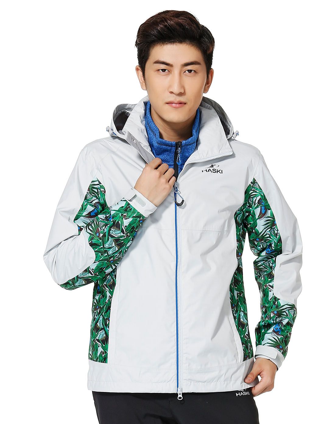 防风速干 男款大地灰配绿色单冲锋衣 长袖连帽