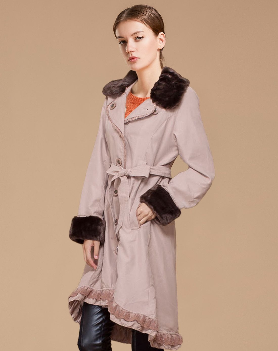 浅咖啡色休闲保暖修身长款风衣