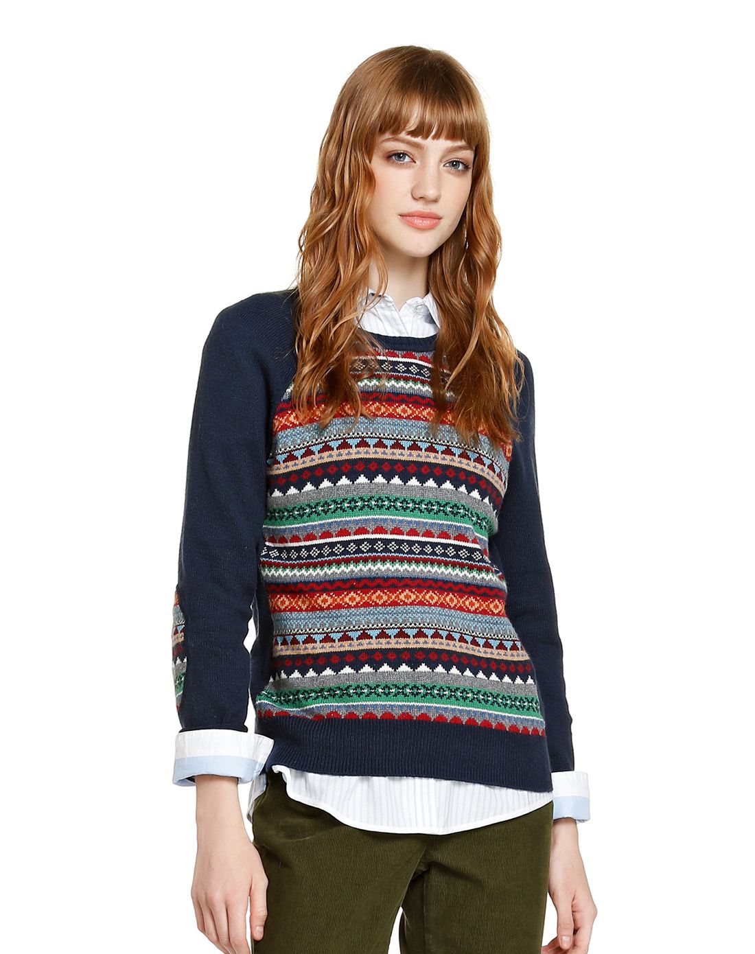 red fleece女款深蓝色波西米亚风混纺长袖针织毛衣