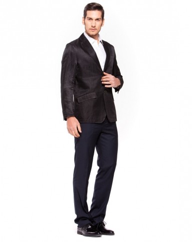 黑色细斜纹休闲欧美风麻丝混纺高端单西