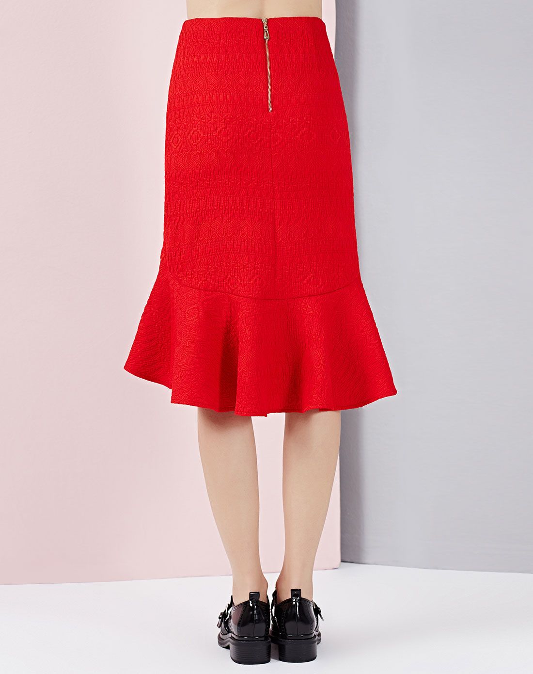 大红色高腰鱼尾裙提花包臀半身裙