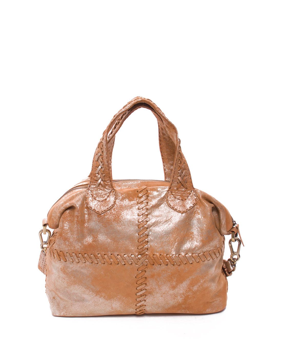 > carla mancini棕/银色十字纹独特个性手提包