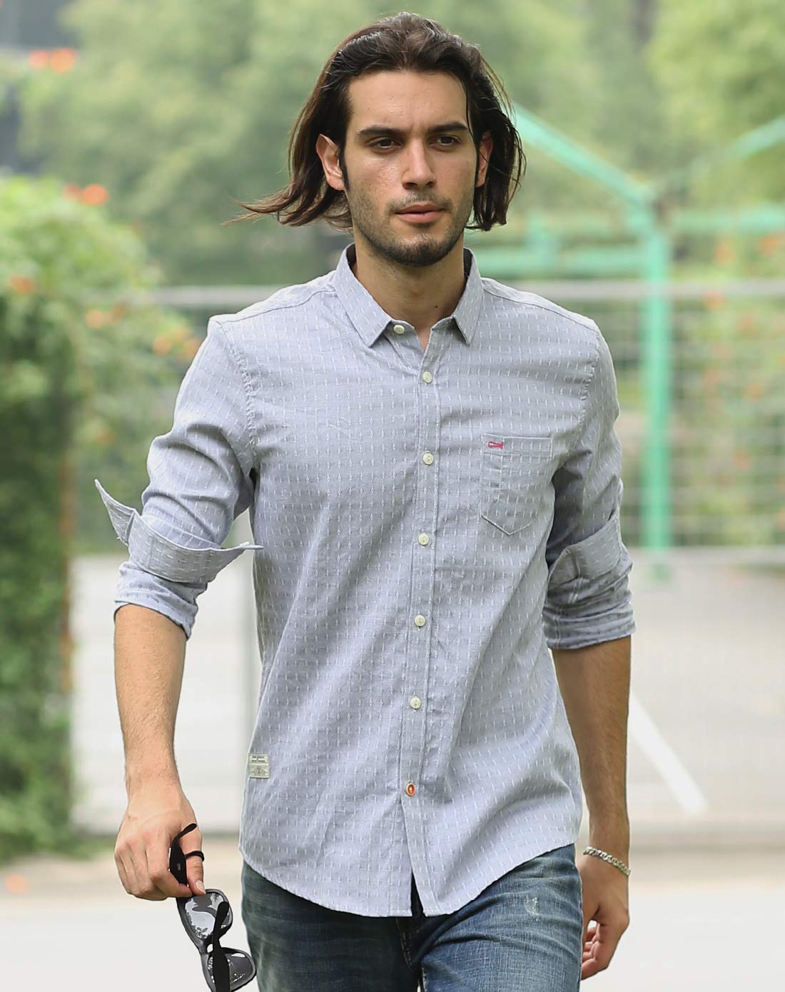 灰色纯棉英伦风修身长袖衬衫