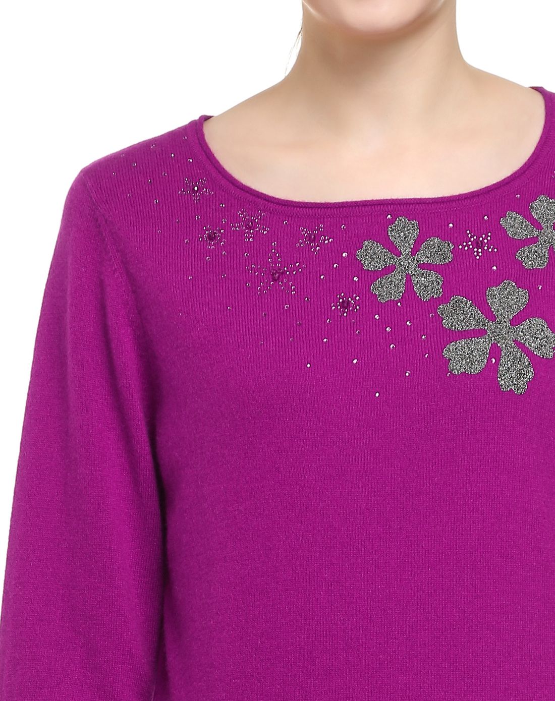 紫红色圆领烫钻长袖山羊绒衫