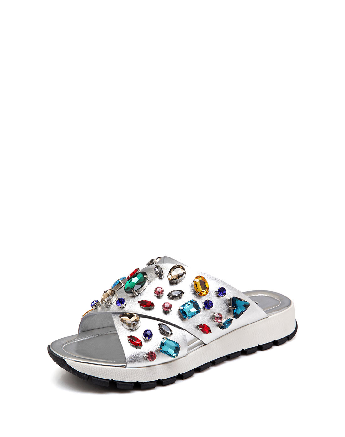 朋克金属羊纹超纤彩色水钻平底拖鞋