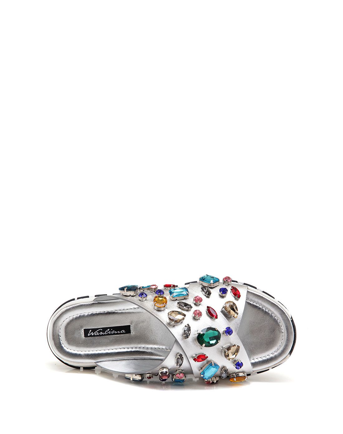 朋克金属羊纹超纤彩色水钻平底拖鞋