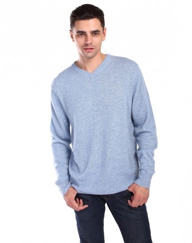 男浅青蓝色山羊绒v领百搭套衫