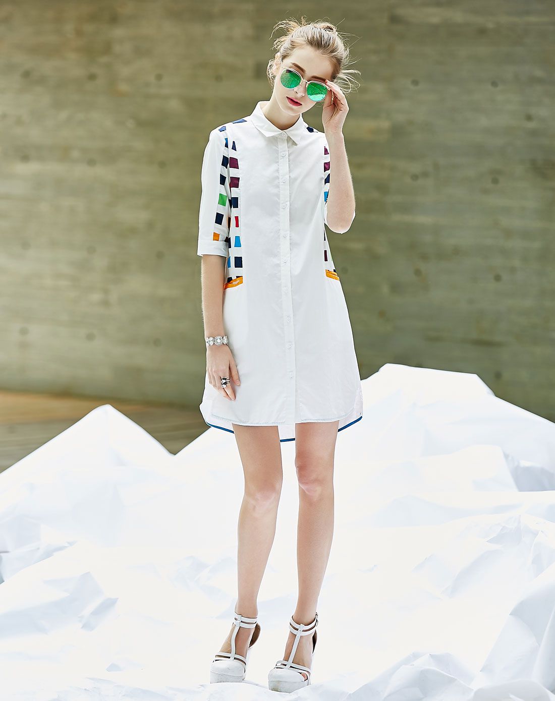 简约拼接直身款连衣裙白