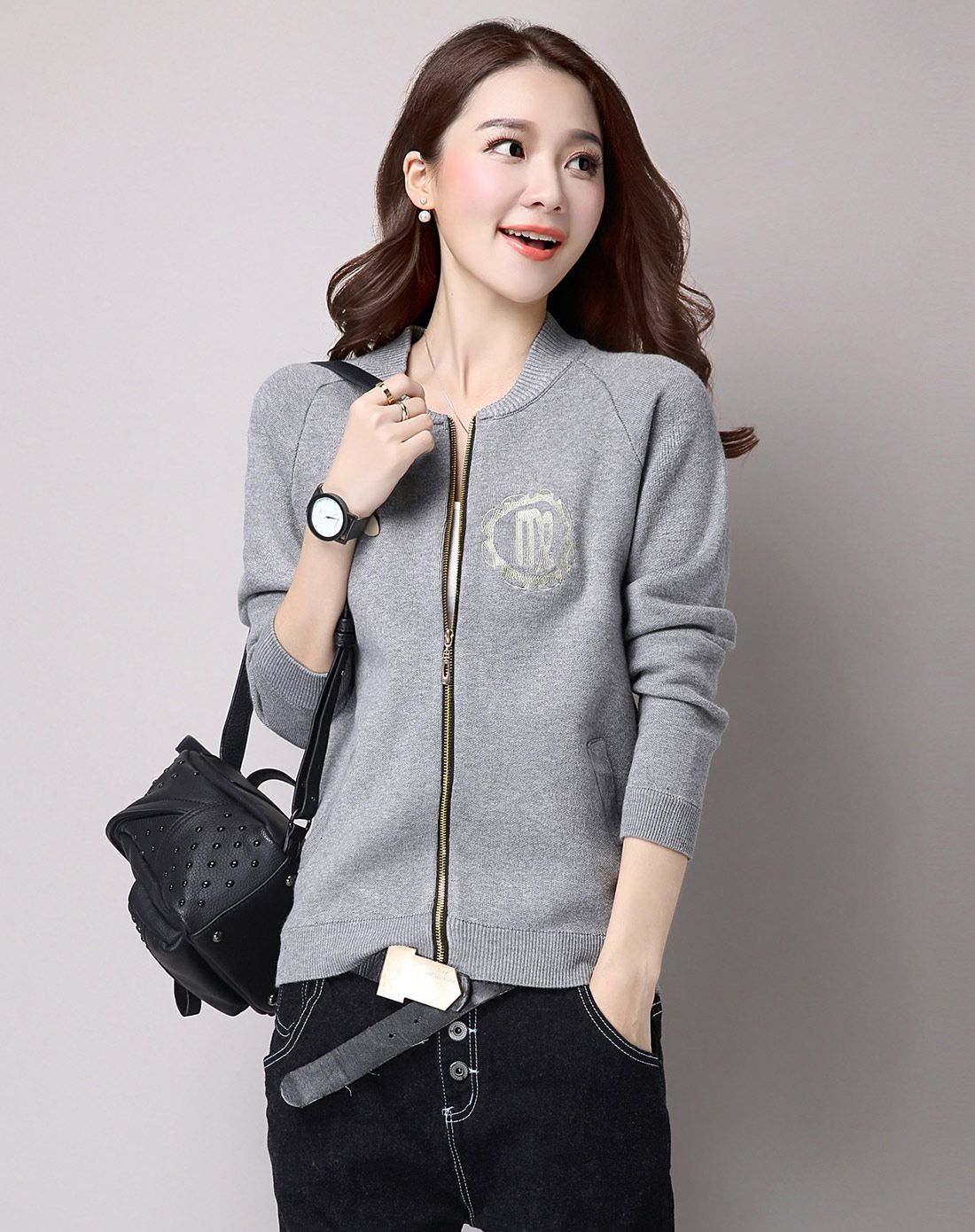 优洛可eurolook灰色 圆领拉链短款针织小外套6876z370577_唯品会