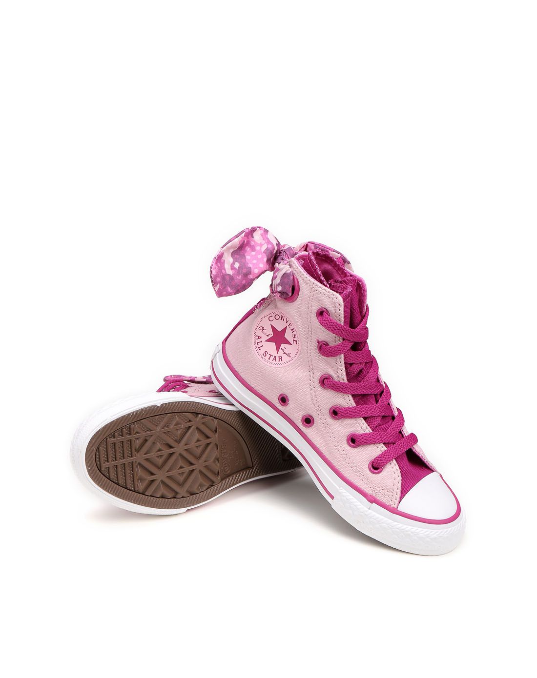 匡威 蝴蝶结 中性童款粉配玫红色高帮休闲鞋