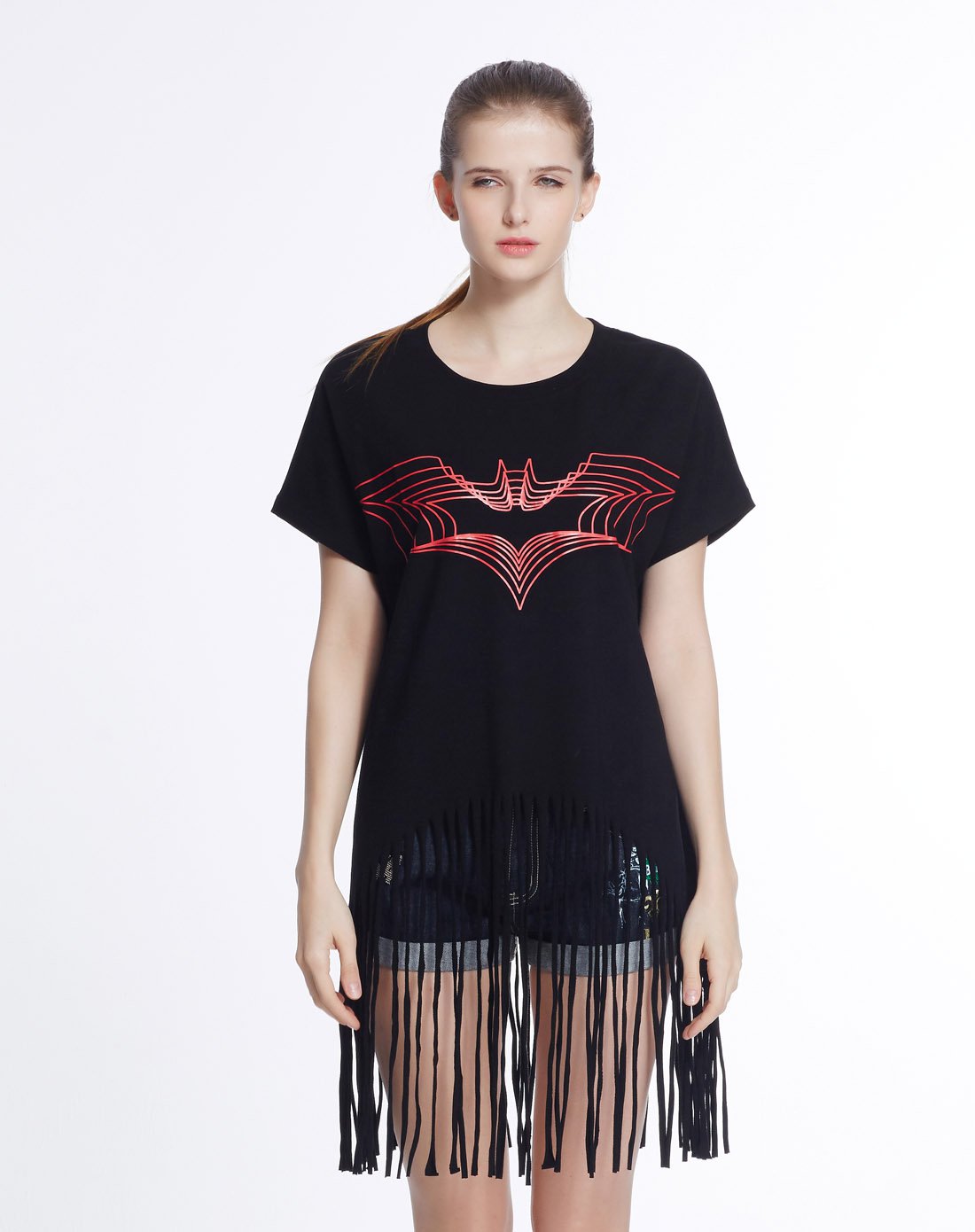 美国dc超级英雄系列潮牌服饰专场电影蝙蝠侠系列长款流苏圆领衫黑色