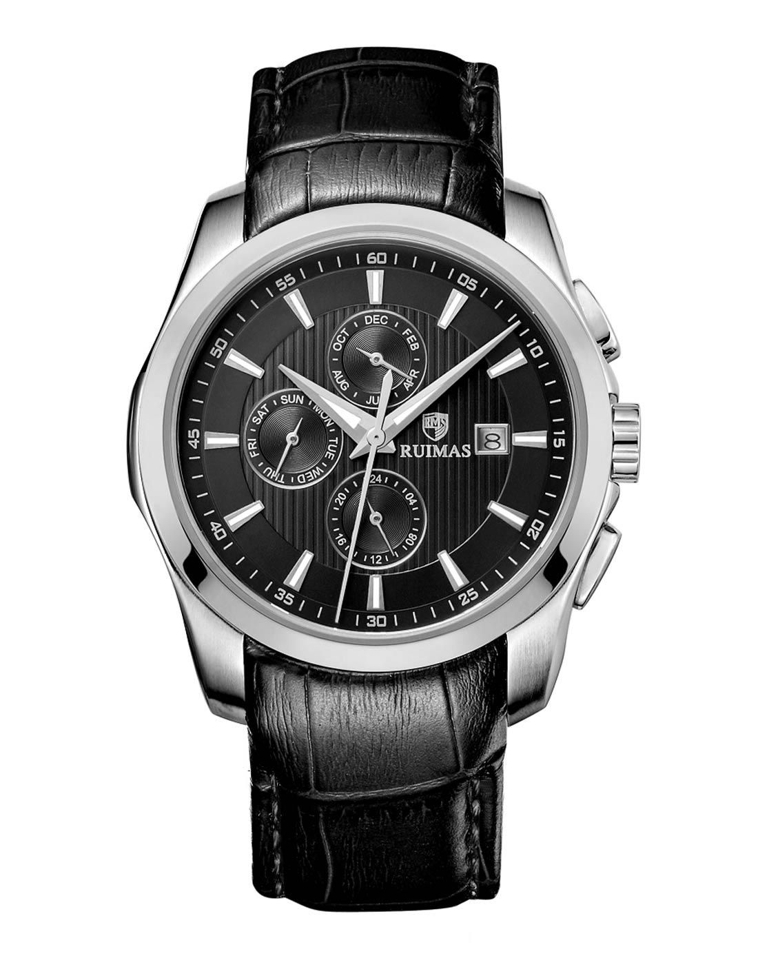 瑞马仕ruimas手表专场 瑞马仕 多功能日历蓝宝石男士商务黑带机械表