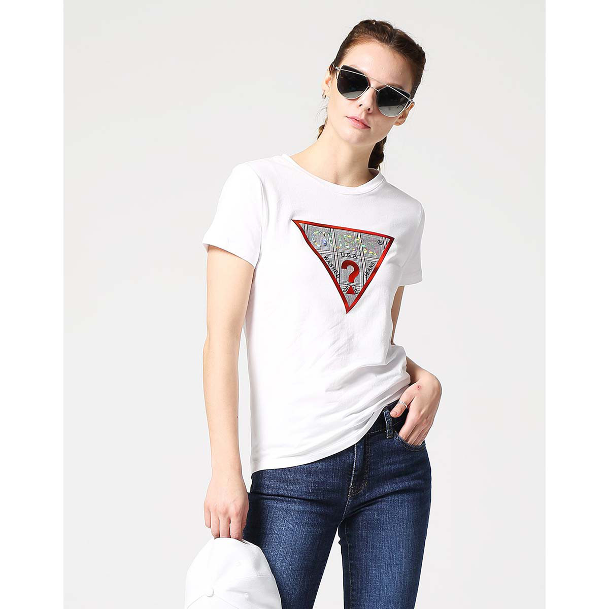 guess 情侣款2018女士格子倒三角logot恤