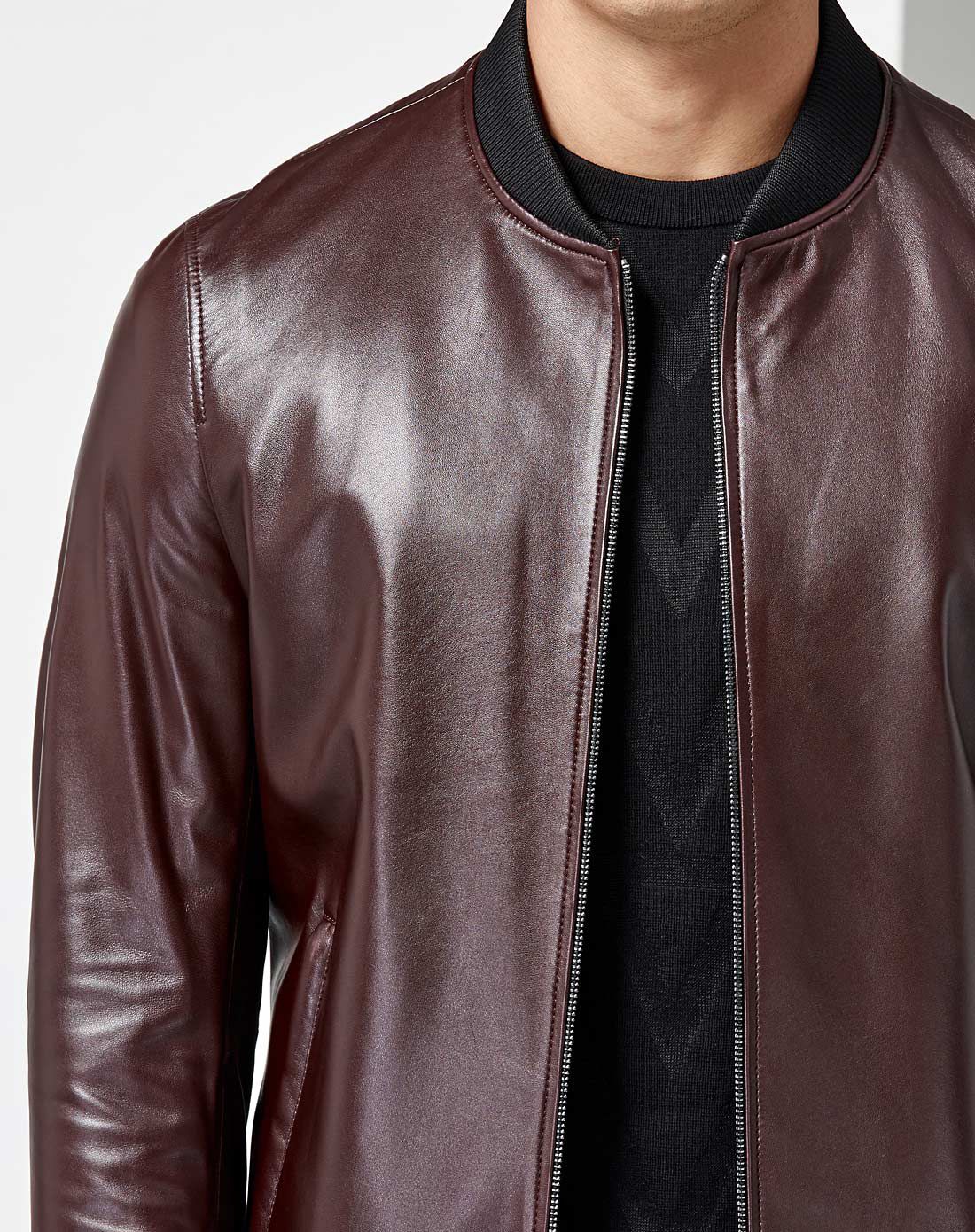 暗红色棒球领时尚皮衣