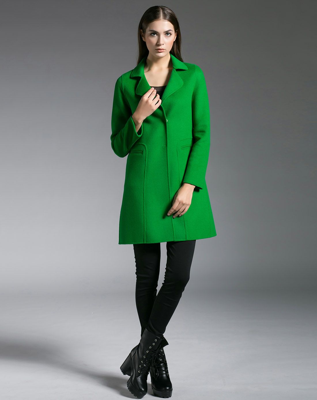 女款绿色简约双面羊毛大衣