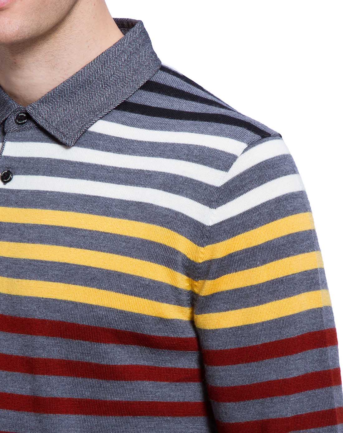 红黄白多彩条拼接领休闲羊毛衫