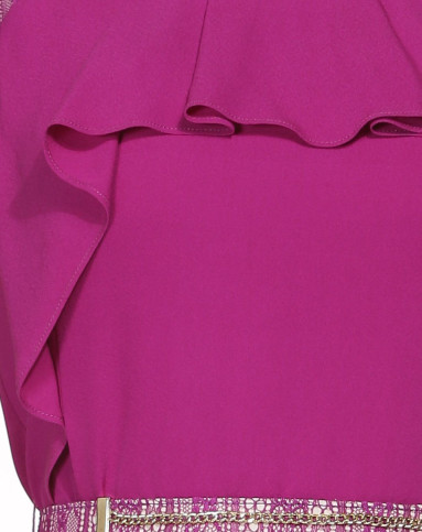 女款玫色经典荷叶边修饰桑蚕丝连衣裙