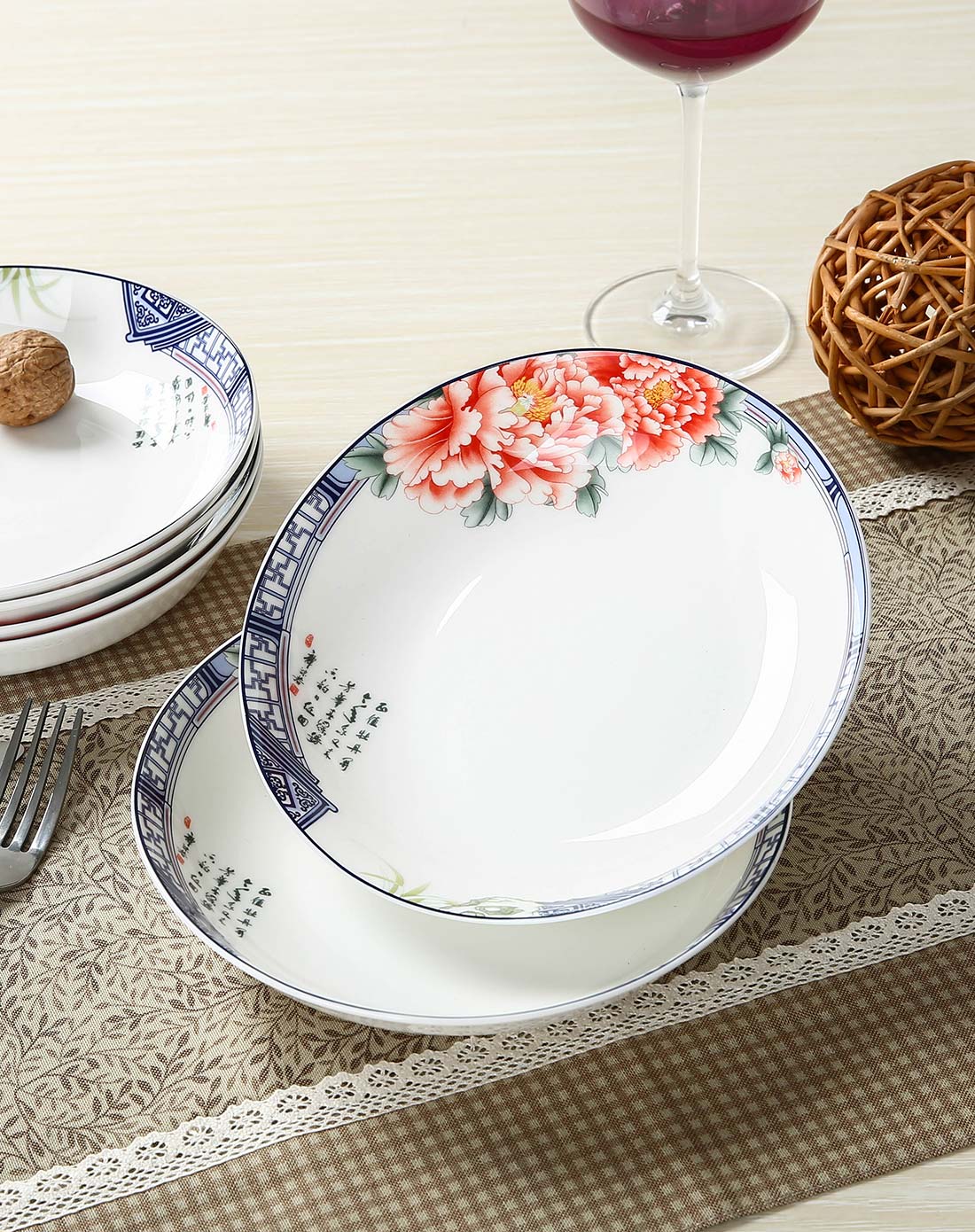 高档骨瓷餐盘6件套-富贵迎春(7.5寸饭盘) 深盘不烫手