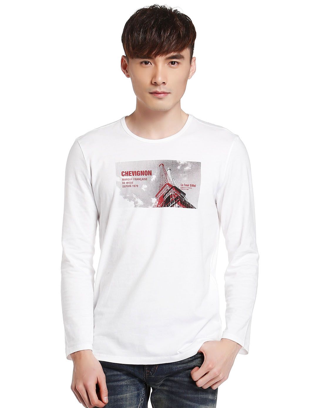 男款白色舒适圆领印花长袖t恤