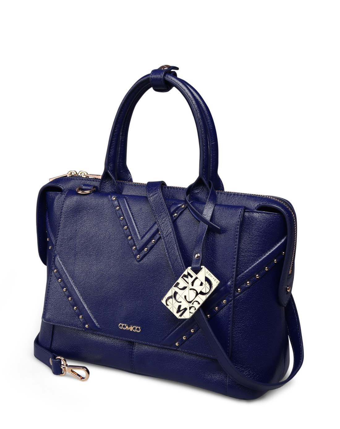 comico高美高深蓝色柳钉手提斜跨包女包c5031