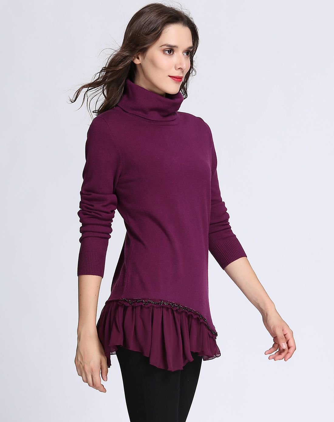 (特惠)超细美丽诺羊毛紫酱红色真丝下摆套衫