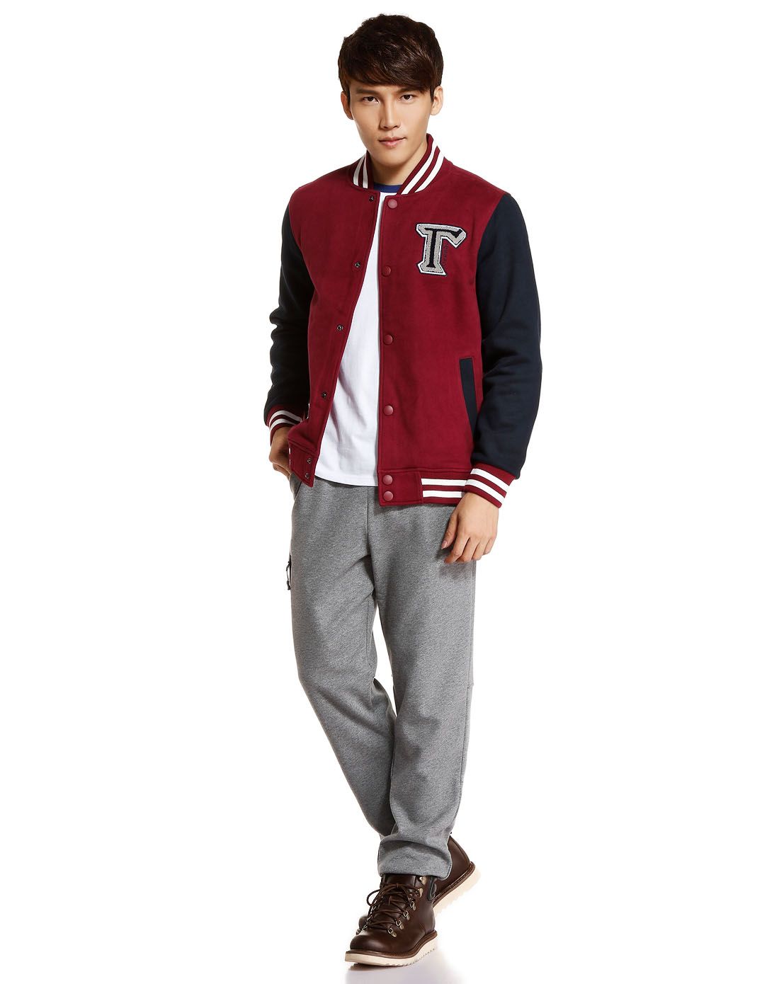 柔软舒适 男款深枣红配藏蓝色长袖棒球服