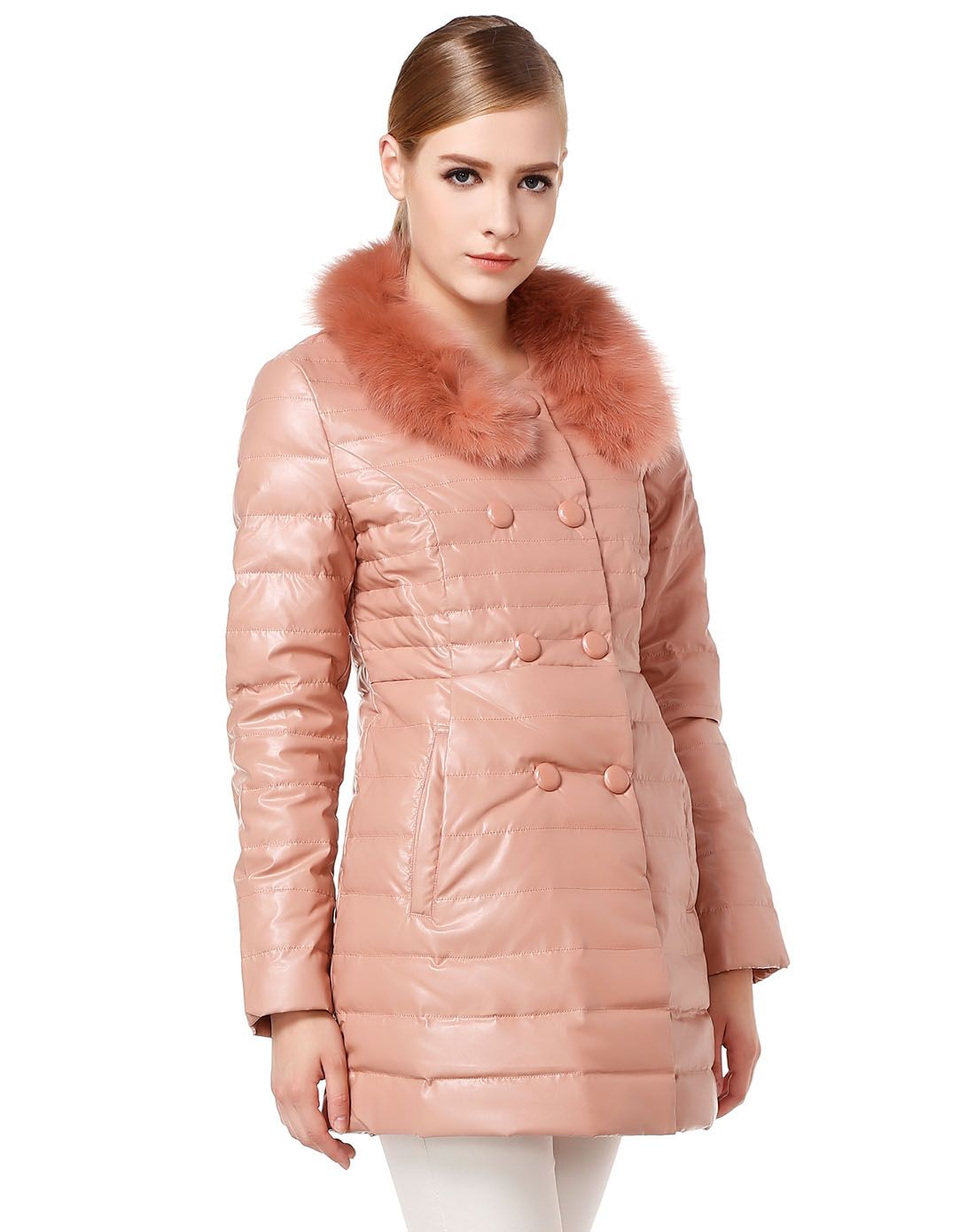 女款暗粉色时尚潮流长袖羽绒服