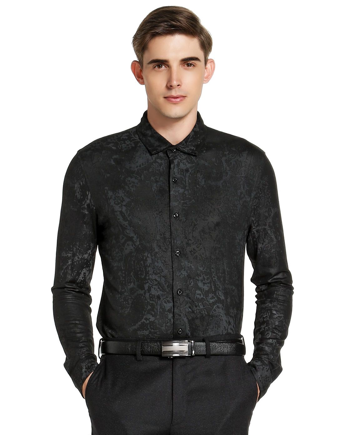 依文&诺丁山男装诺丁山黑色暗纹印花翻领开襟长袖t恤nf73121051_唯品