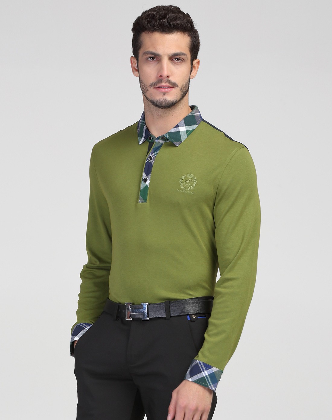 (特惠)深墨绿色时尚格纹领绣花柔滑保暖长袖polo恤