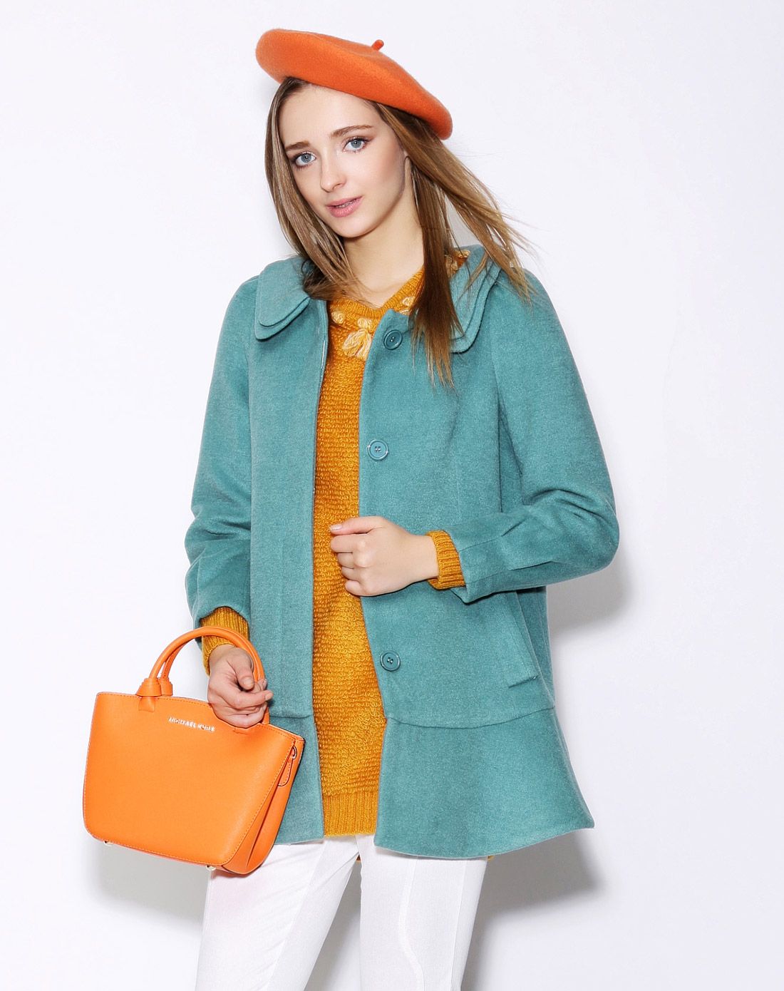 蓝绿色娃娃领甜美荷叶边长袖毛呢大衣