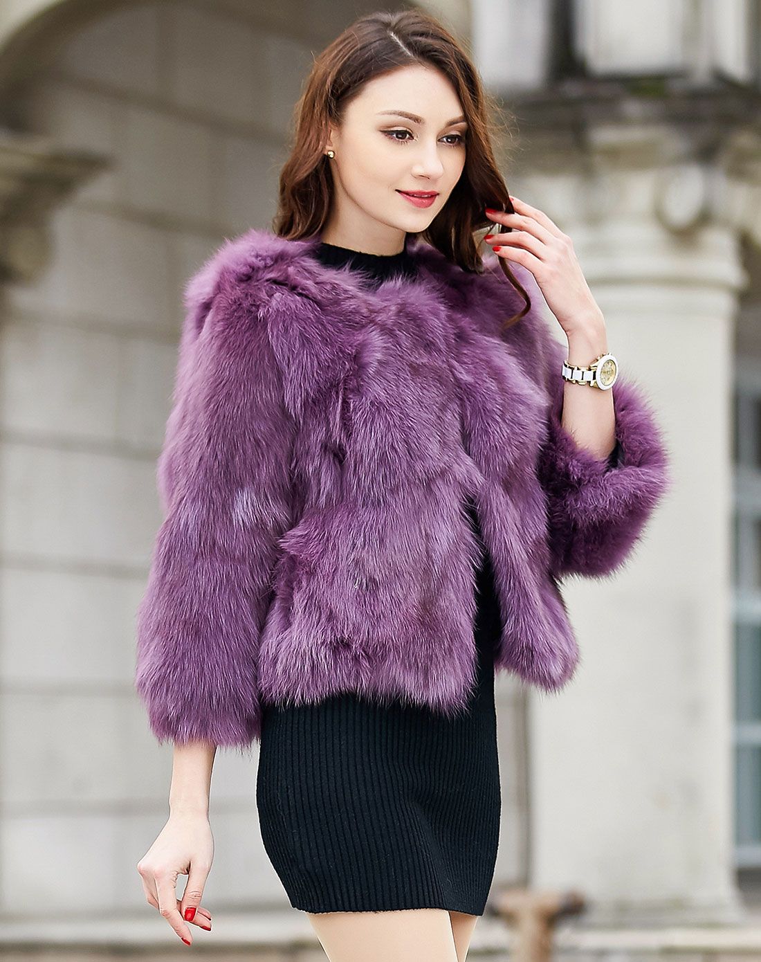 紫色短款纯狐狸毛皮草外套