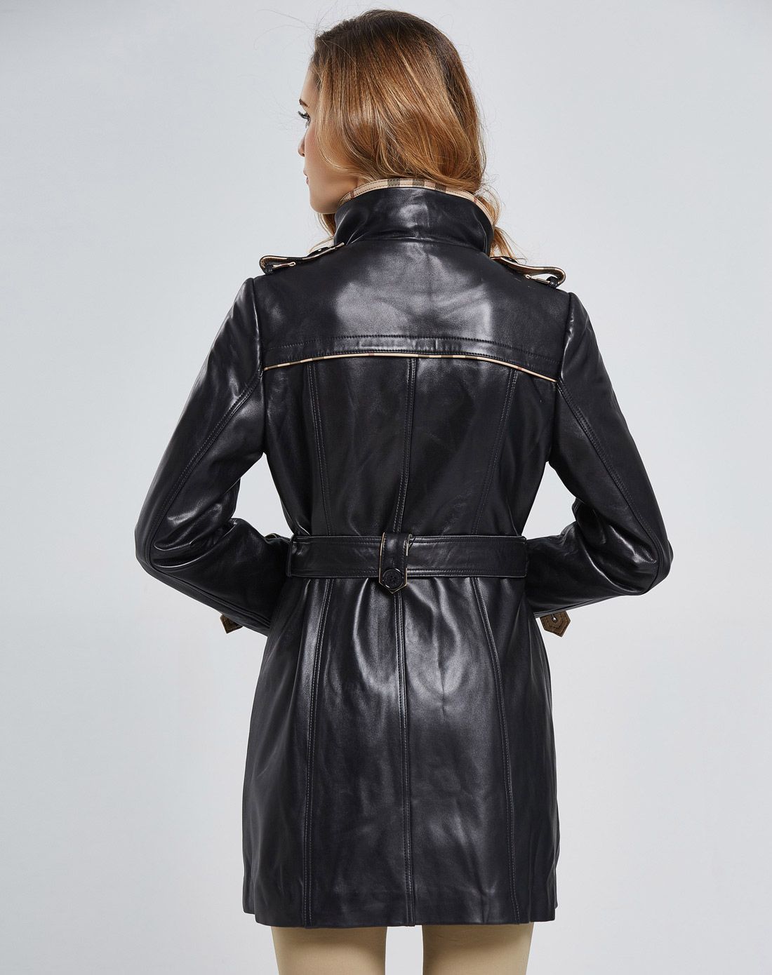 女款黑色绵羊皮双排大衣经典皮风衣