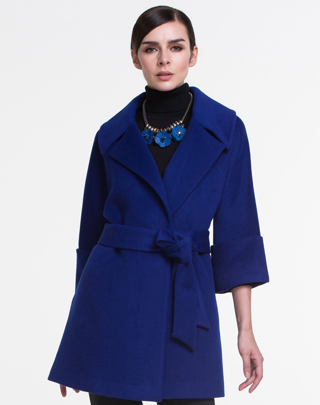 宝蓝色法式羊毛七分袖大衣