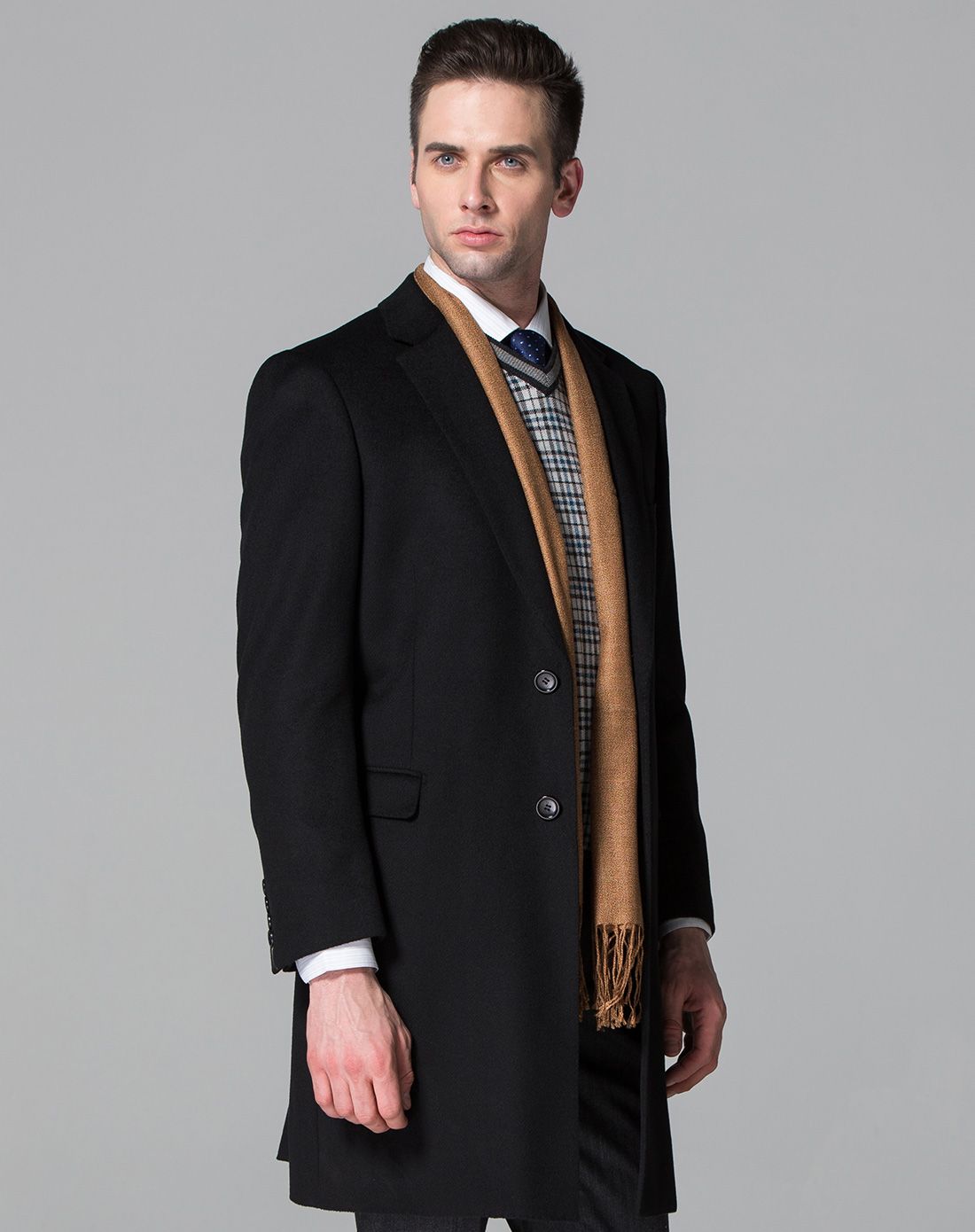 卡丹狄诺cardeendino黑色修身百搭长袖羊毛大衣cog12909_唯品会