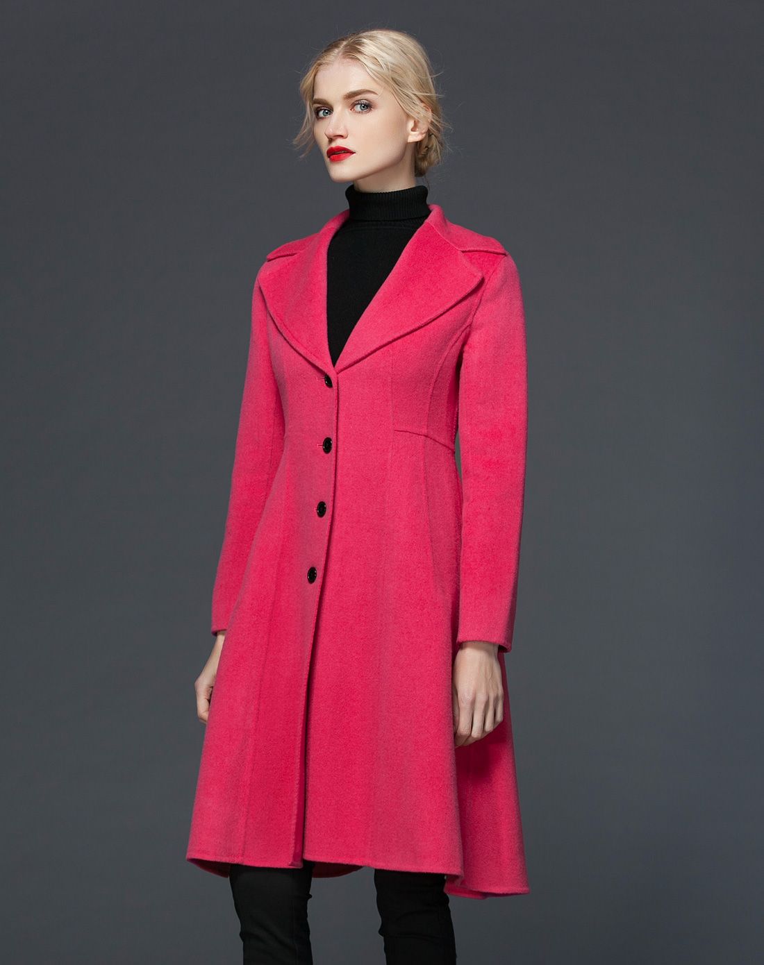 玫红色拼色修身中长款手工双面呢羊毛大衣