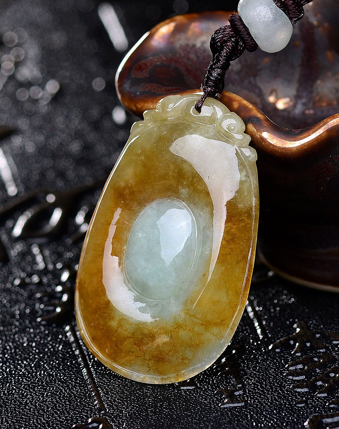 天然a货冰糯种黄翡厚实福从天降翡翠吊坠