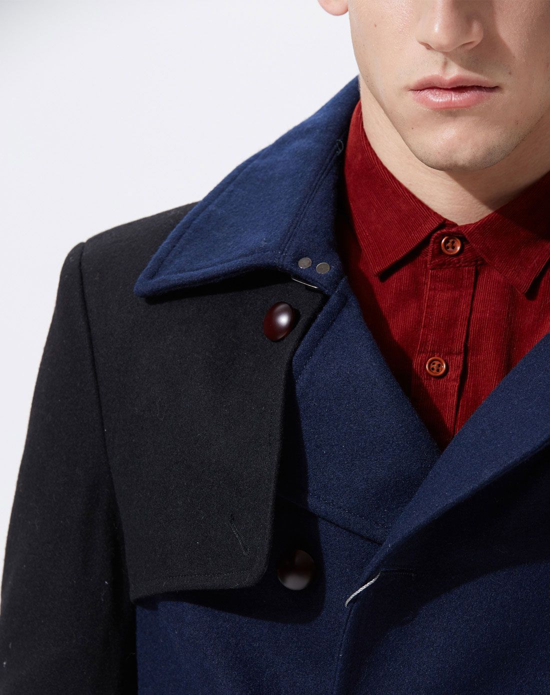 深宝蓝男装拼色长款呢料大衣