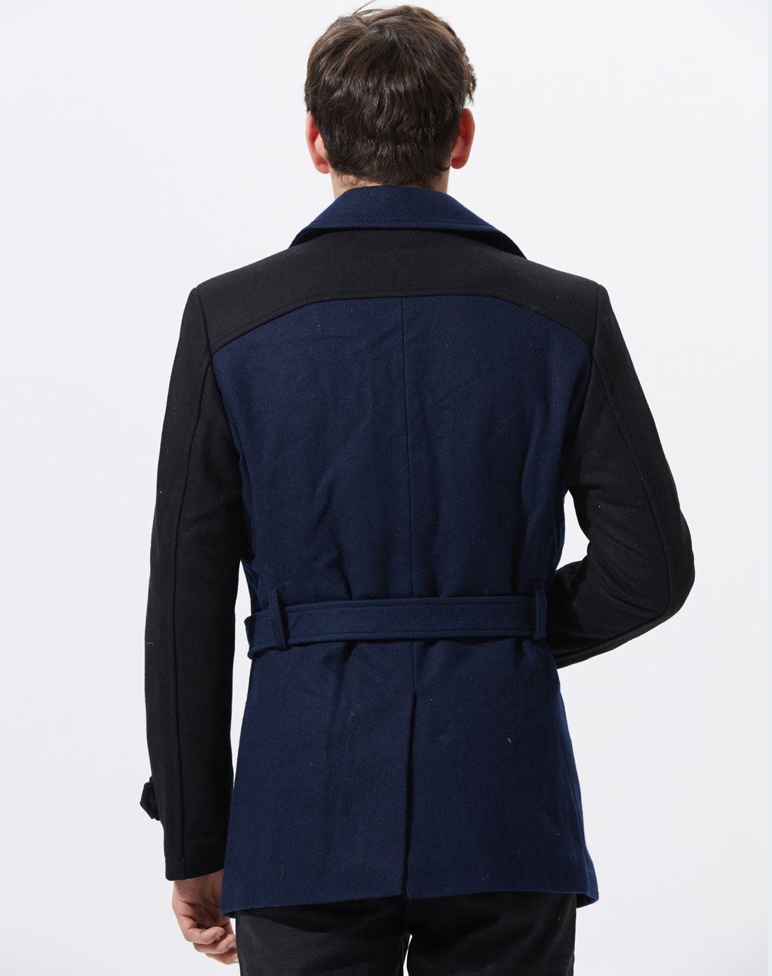 深宝蓝男装拼色长款呢料大衣