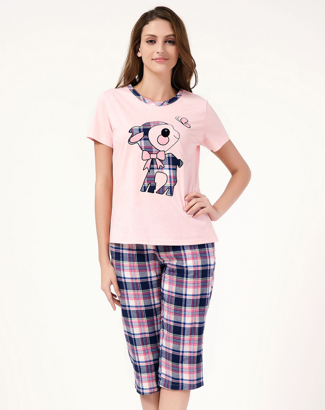 粉红色女纯棉休闲卡通短袖套装